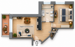 Planimetria moderna con balcone e arredi A